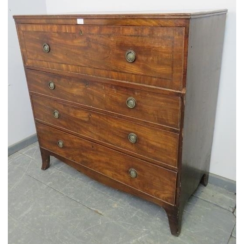 826 - A George III mahogany secretaire chest, the fall front with crossbanded coromandel inlay, opening on... 