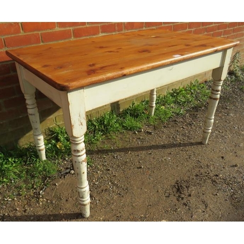 869 - A vintage pine pantry/kitchen table, on baluster turned supports painted distressed white. 
Conditio... 