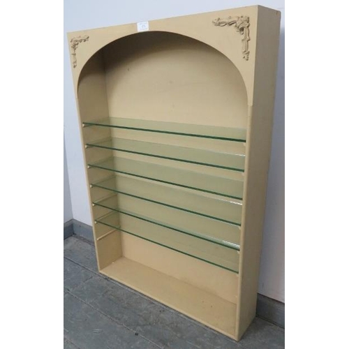 873 - A vintage wall hanging open display painted beige, housing six glass shelves.
Condition report: Miss... 