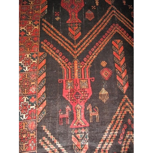 904 - North East Persian Meshed Belouch rug. Repeat pattern depicting urns on a deep charcoal field. Very ... 