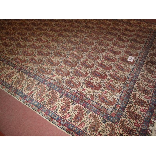 916 - Yazd Boteh design carpet repeat motif on cream ground. In very good condition. 365cm x 258cm.