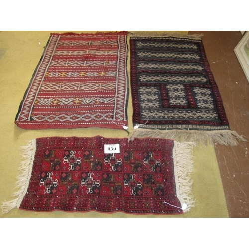 930 - Three small Persian rugs all in okay condition. Largest 133cm x 87cm. Please see images for conditio... 