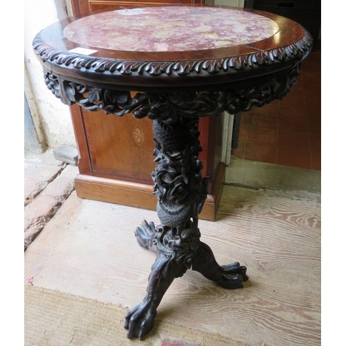 707 - A 19th century Chinese rosewood circular occasional table, with inset red marble top above a foliate... 