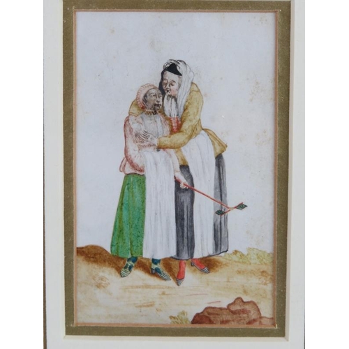 588 - 19th Century School - 'Two figures embracing, one holding a contraption', watercolour, 9cm x 6cm, fr... 