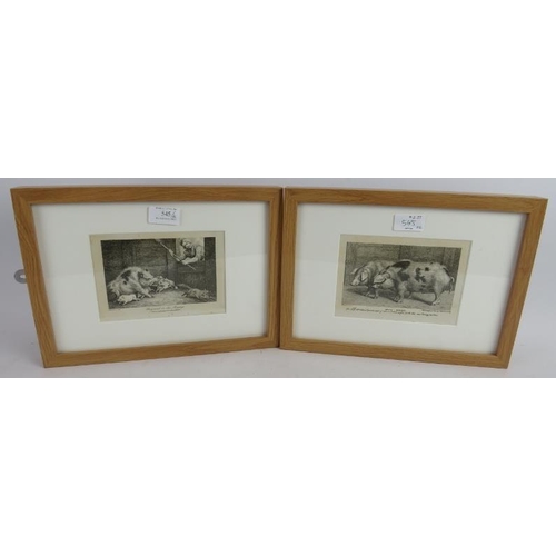 590 - 'Reynard in the Pigstye' and 'Two Hogs' - a pair of etchings, c.1800, 9.5cm x 15cm, framed. 
Conditi... 