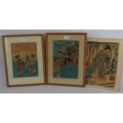 593 - Japanese School (19th century) - three woodcut prints on fabric, 32cm x 22cm, 28cm x 18cm, 26cm x 18... 