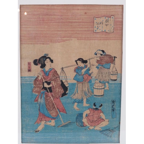 593 - Japanese School (19th century) - three woodcut prints on fabric, 32cm x 22cm, 28cm x 18cm, 26cm x 18... 