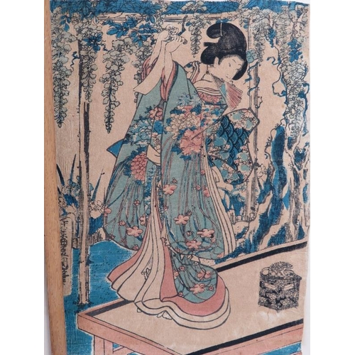 593 - Japanese School (19th century) - three woodcut prints on fabric, 32cm x 22cm, 28cm x 18cm, 26cm x 18... 