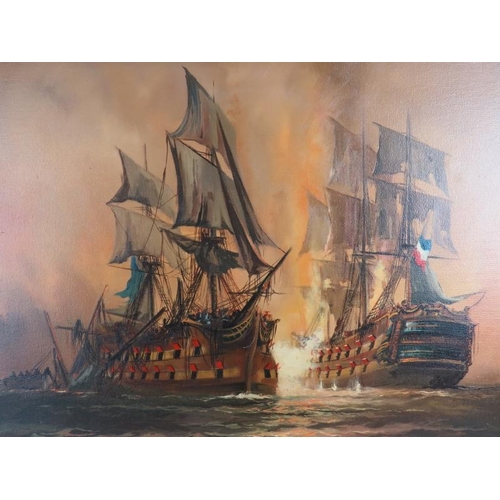 596 - Dion Pears (British, 1929-1985) - 'A Sea battle with 2 18th century Men O'War', oil on canvas, signe... 