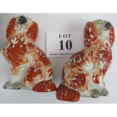 10 - Two pairs of Staffordshire dogs and 2 two same. 19th century pair painted red, 16cm height, flaking ... 