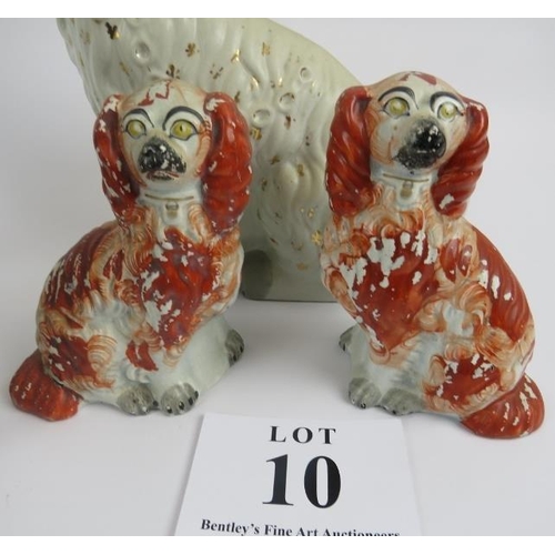 10 - Two pairs of Staffordshire dogs and 2 two same. 19th century pair painted red, 16cm height, flaking ... 