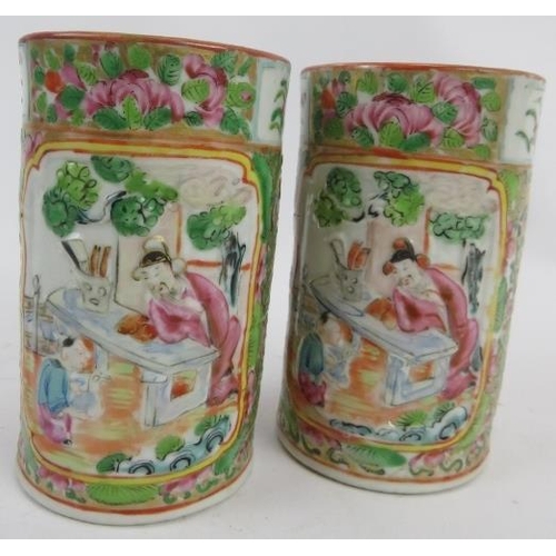 107 - A pair of 19th century Chinese Canton famille rose porcelain vases, cylindrical form with pierced an... 