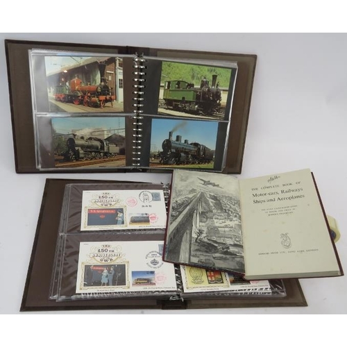 120 - Two albums of postcards of trains from various eras,  and a book of trains, cars and planes from 194... 