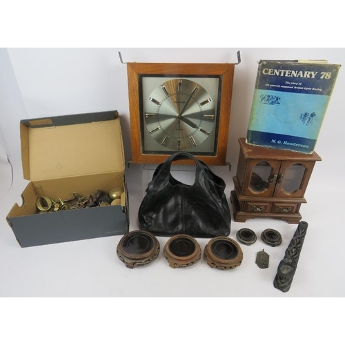 122 - Mixed antique and vintage collectables, to include a Toshiba wall clock, a musical jewellery cabinet... 