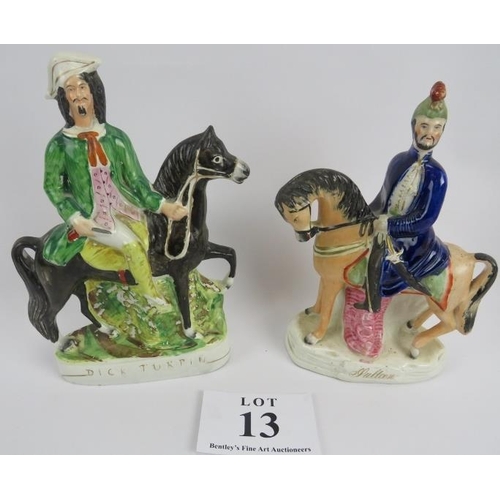 13 - Pair of Staffordshire figures on horseback, Dick Turpin and Sutton, and hunting jug. The pair 33cm h... 