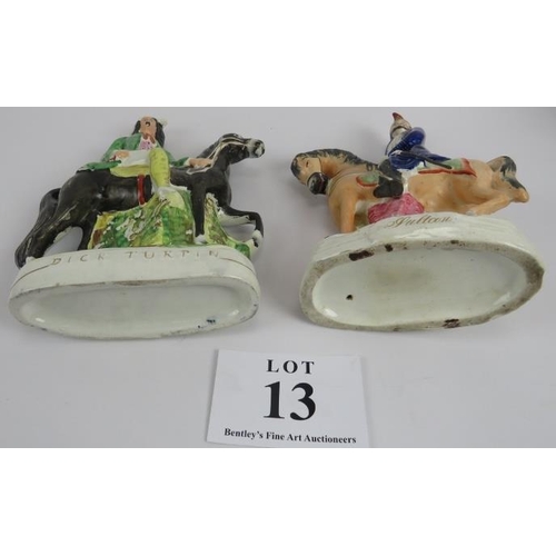 13 - Pair of Staffordshire figures on horseback, Dick Turpin and Sutton, and hunting jug. The pair 33cm h... 