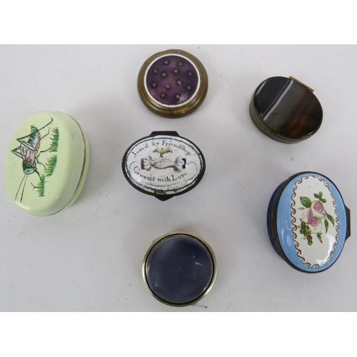 138 - 19th century enamelled patch box and others. Two reproduction boxes, cigarette box and two enamel. M... 