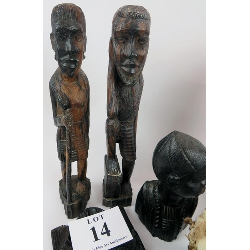 14 - Collection of African carved figures and heads. Assorted hard woods and zebra skin drum, 16cm height... 