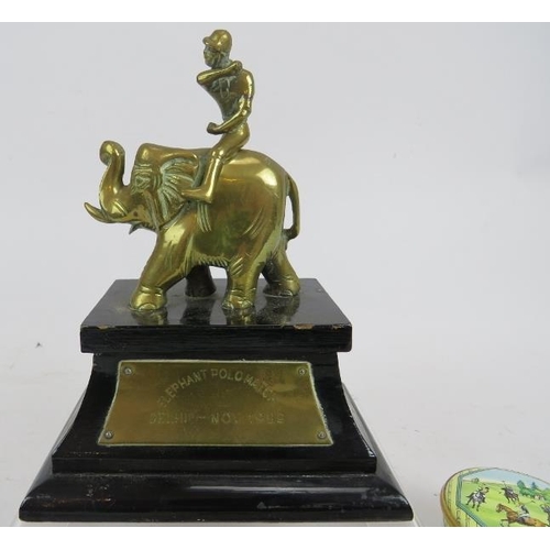 Brass elephant polo trophy, BULGARI metal cigar case, BULGARI ball point  pen, Hermes cigar cutter, h