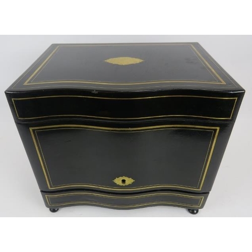 167 - A 19th century brass, inlaid ebonised decanter box, the hinged lid and side panels opening to reveal... 