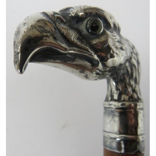 170 - A 19th century white metal mounted walking cane, probably Malacca, the handle in the form of a bird ... 