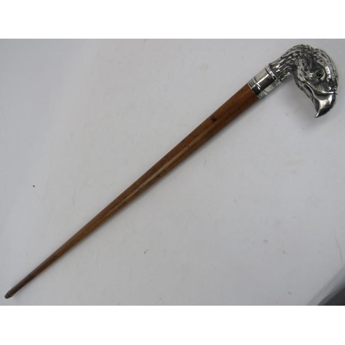 170 - A 19th century white metal mounted walking cane, probably Malacca, the handle in the form of a bird ... 