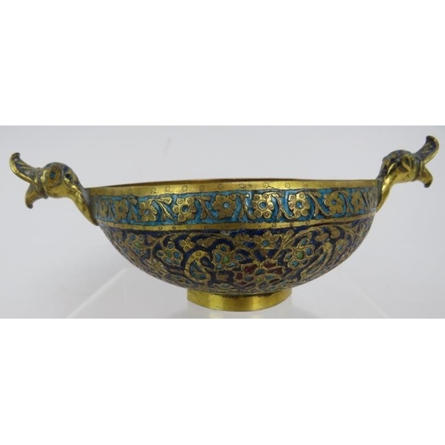 178 - A pair of Persian/Islamic gilt brass ceremonial bowls, each of elliptical/boat form with twin masks ... 