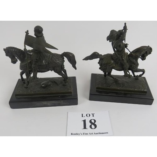 18 - Pair of 19th century bronze figures of knights on horseback upon slate bases, 22cm height. 
Conditio... 