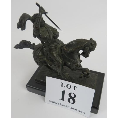 18 - Pair of 19th century bronze figures of knights on horseback upon slate bases, 22cm height. 
Conditio... 