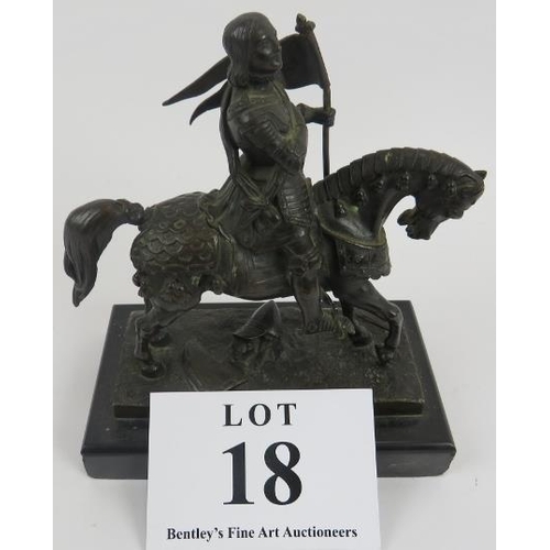 18 - Pair of 19th century bronze figures of knights on horseback upon slate bases, 22cm height. 
Conditio... 