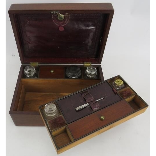 202 - A Victorian mahogany travelling vanity box, the brass inlaid hinged lid enclosing a fitted interior,... 