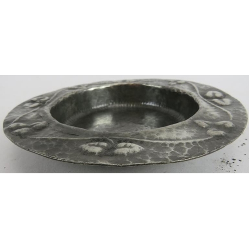 236 - Liberty's English pewter Arts & Crafts shallow dish of circular  form with embossed and planished fl... 