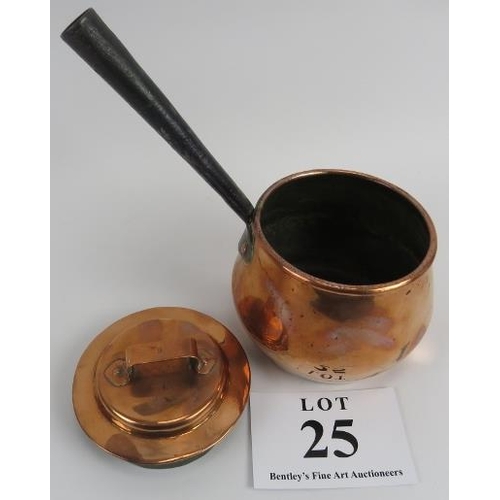 25 - Copper pan and lid, metal handle, and flat kettle, possibly travel pot. Kettle 18cm height, pot 11cm... 