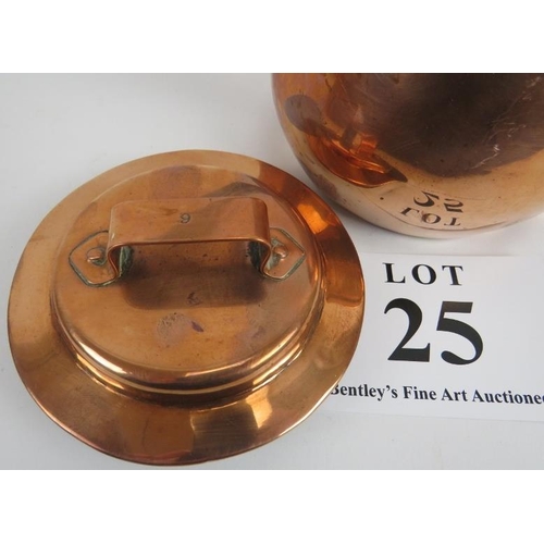 25 - Copper pan and lid, metal handle, and flat kettle, possibly travel pot. Kettle 18cm height, pot 11cm... 