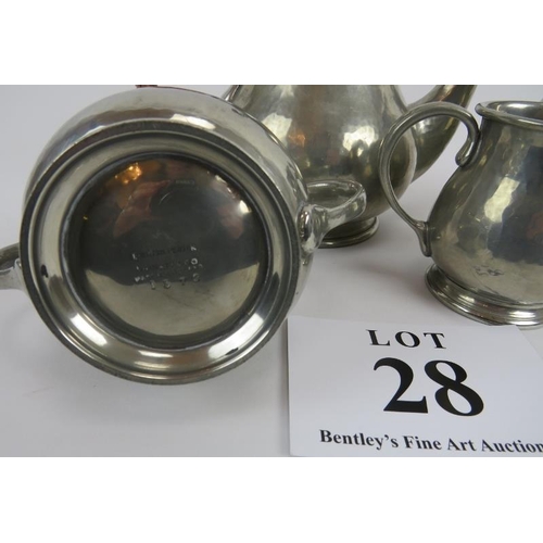 28 - Liberty and Co, English pewter 4 piece tea set, 1372. Hammered surface. Raffia handle to tea pot. Wa... 