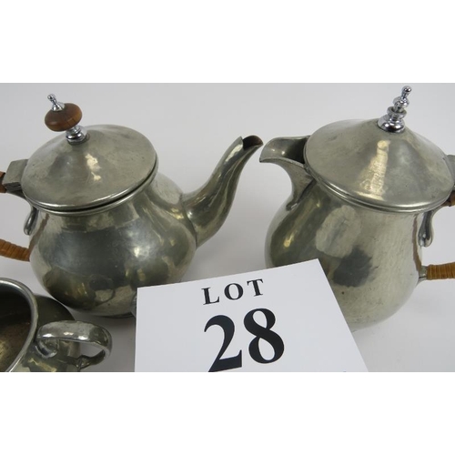 28 - Liberty and Co, English pewter 4 piece tea set, 1372. Hammered surface. Raffia handle to tea pot. Wa... 