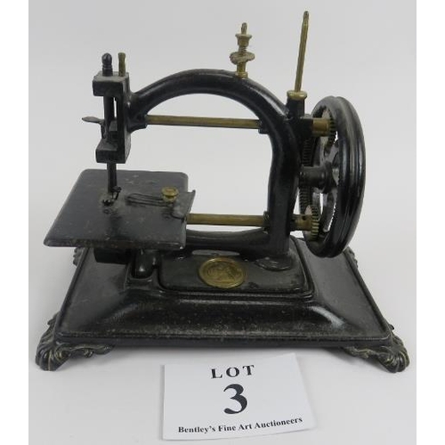 3 - 19th century platform Mino sewing machine, rectangular base, brass makers plaque, 28cm height x 30cm... 