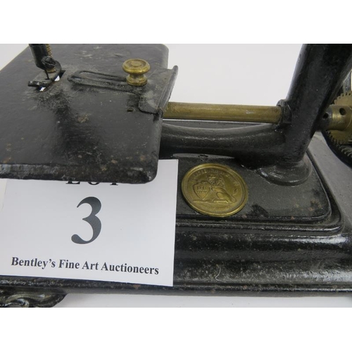 3 - 19th century platform Mino sewing machine, rectangular base, brass makers plaque, 28cm height x 30cm... 