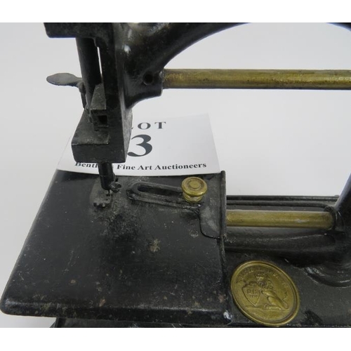 3 - 19th century platform Mino sewing machine, rectangular base, brass makers plaque, 28cm height x 30cm... 