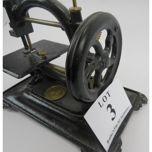 3 - 19th century platform Mino sewing machine, rectangular base, brass makers plaque, 28cm height x 30cm... 