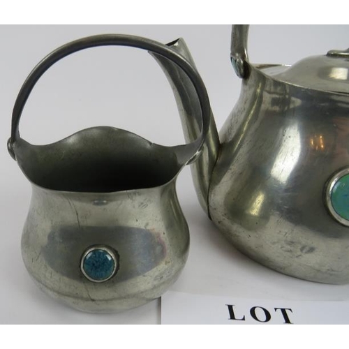 30 - Arts and Crafts pewter teapot and sugar bowl, 'Connell', cheap side, 03993, A/F, teapot 23cm to hand... 