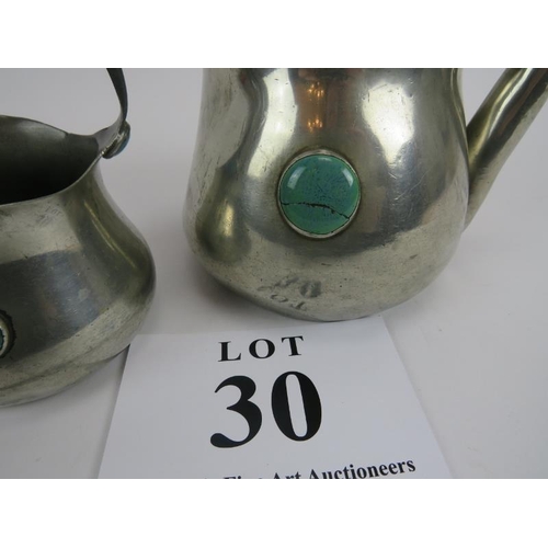 30 - Arts and Crafts pewter teapot and sugar bowl, 'Connell', cheap side, 03993, A/F, teapot 23cm to hand... 