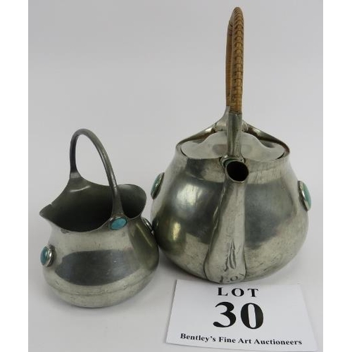 30 - Arts and Crafts pewter teapot and sugar bowl, 'Connell', cheap side, 03993, A/F, teapot 23cm to hand... 