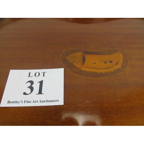 31 - Edwardian kidney shape mahogany tray, shell inlay, brass handles. 57cm overall. 
Condition report: D... 