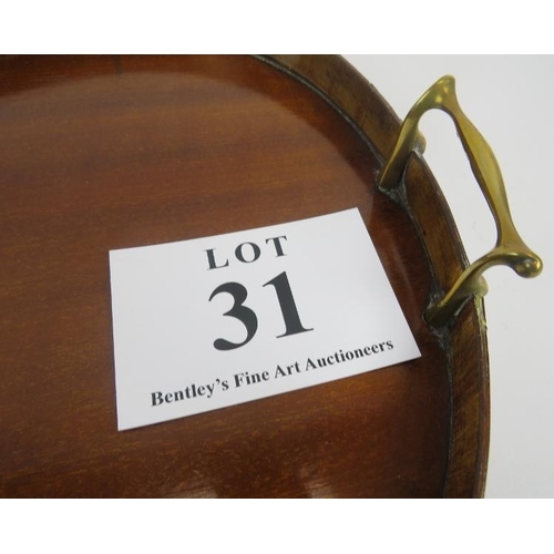 31 - Edwardian kidney shape mahogany tray, shell inlay, brass handles. 57cm overall. 
Condition report: D... 