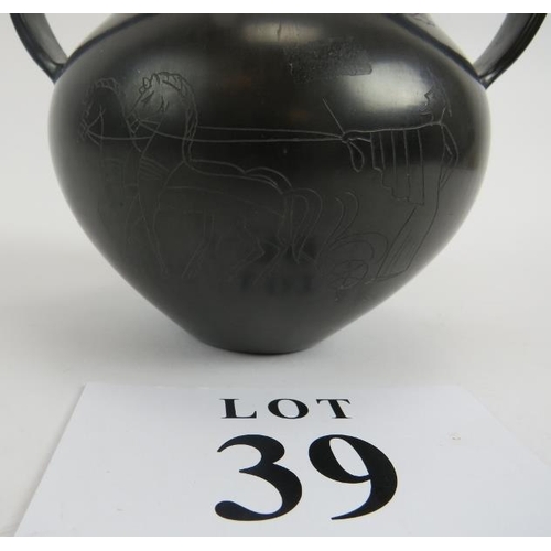 39 - Rossi Gubbio (Italian) pottery vase, etched classical designs, signed to base. (A/F).
Condition repo... 