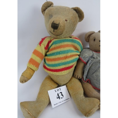 43 - Mid 20th century teddy bear, jointed, and companion, with material Rosalia matador. Longest 55cm. A/... 