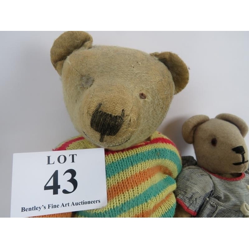 43 - Mid 20th century teddy bear, jointed, and companion, with material Rosalia matador. Longest 55cm. A/... 