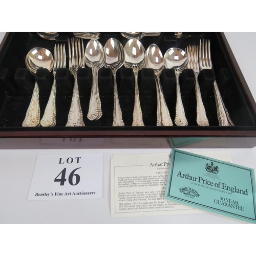 46 - Arthur Price part canteen of E.P.N.S. cutlery setting for 6, 45cm x 9cm height x 31cm.
Condition rep... 