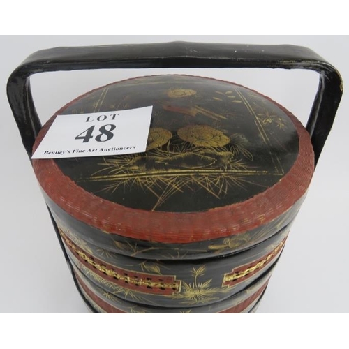 48 - Chinese sectional food containers, lacquered and gilt floral decoration, contents of sewing effects,... 